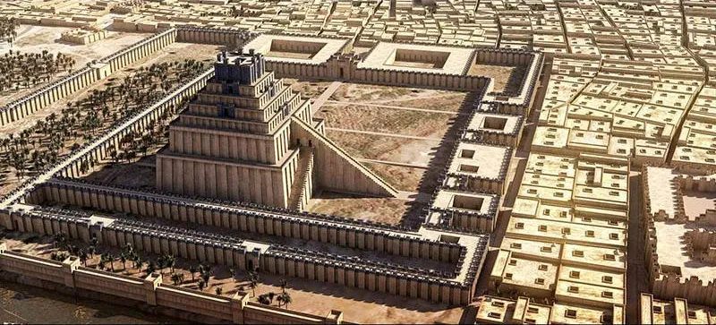 رسم فني يعيد تصور شكل زقورة إيتيمينانكي، التي يعتقد أنها أصل أسطورة برج بابل.