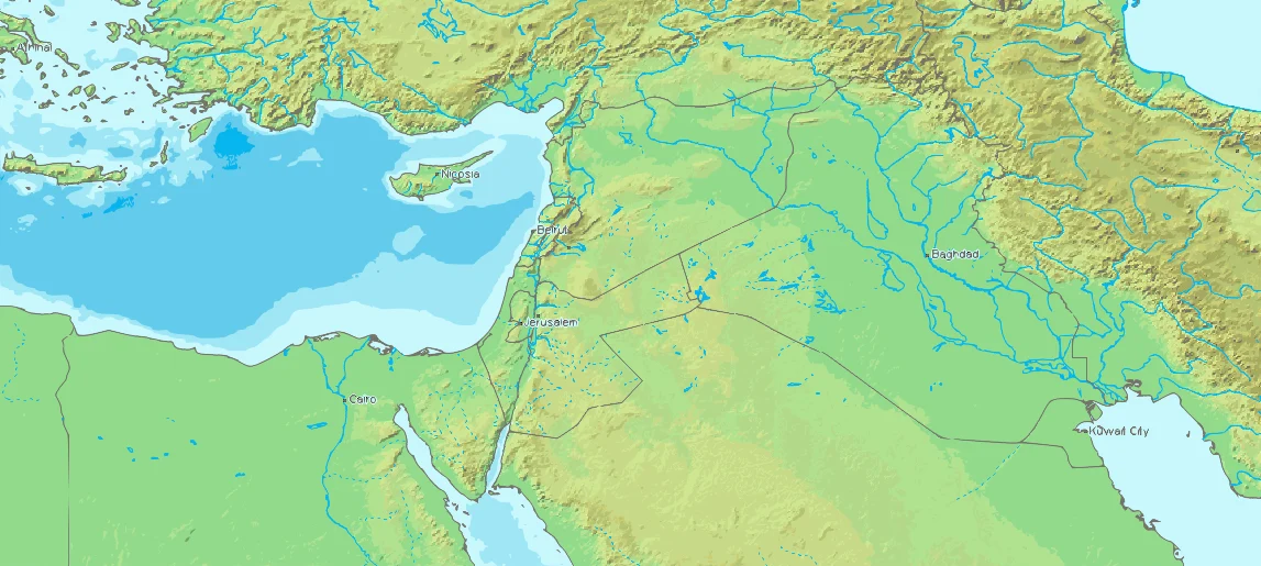 خريطة بلاد الشام الطبيعية والتضاريس في شرق المتوسط