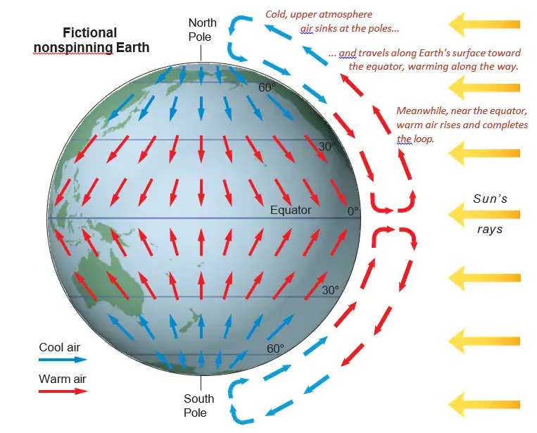 رسم توضيحي يوضح تأثير كوريوليس على حركة الرياح في نصفي الكرة الأرضية