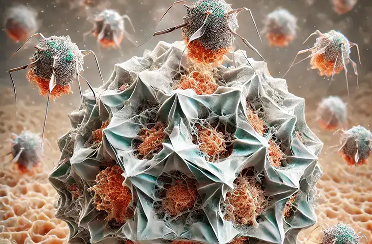 رسم فني لروبوتات نانوية تهاجم خلية سرطانية