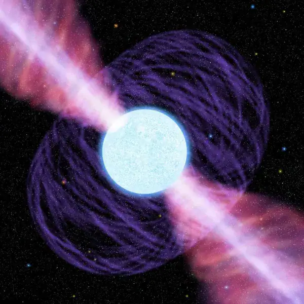رسم فني لنجم نيوتروني يطلق حزمًا قوية من الإشعاع من قطبيه المغناطيسيين
