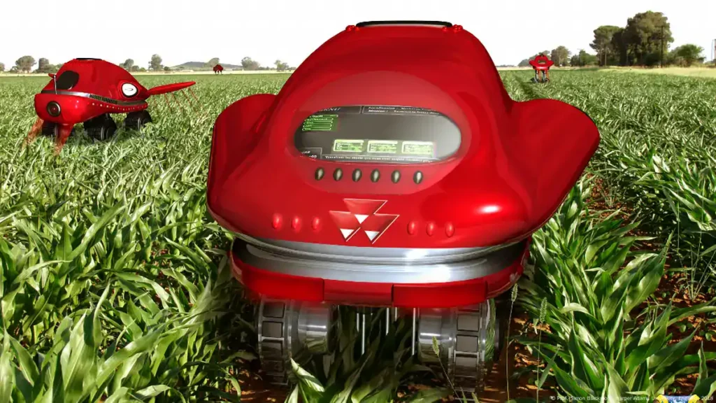 روبوت زراعي دقيق يقوم برش مبيد الأعشاب على نبتة ضارة فقط - الروبوتات في الزراعة