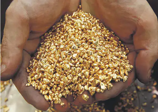 يدان تحملان قطعة من الذهب الخام الطبيعي