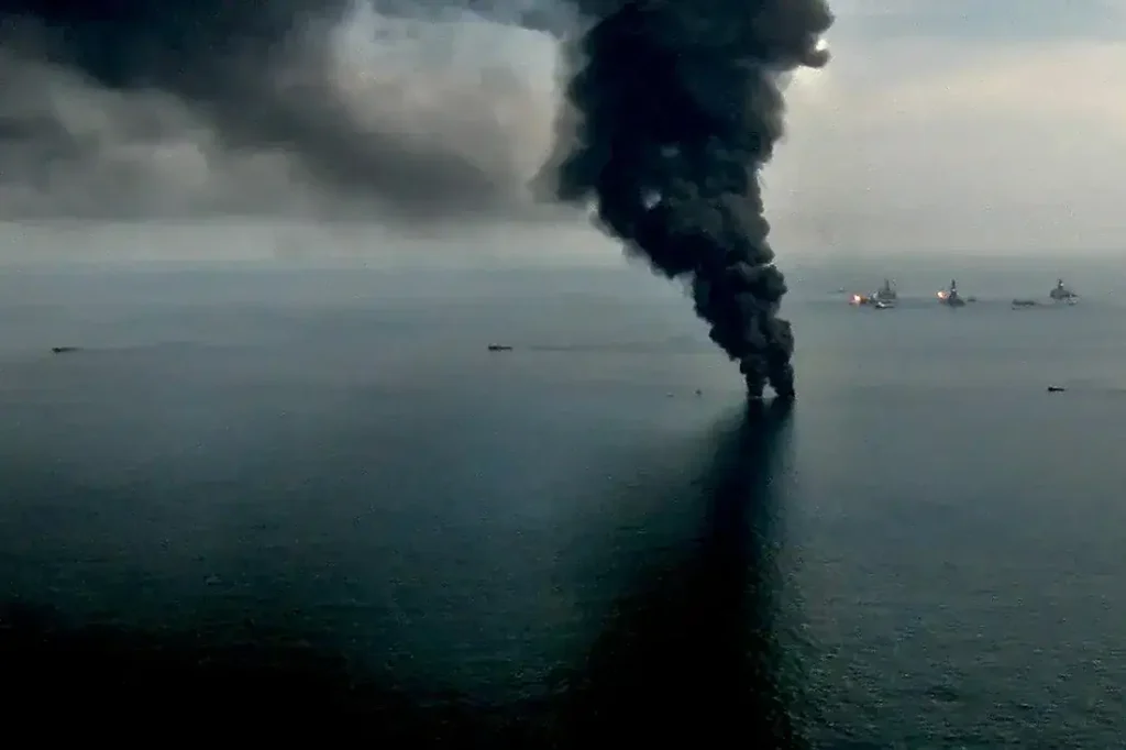 منظر جوي لبقعة النفط الضخمة الناتجة عن تسرب ديب ووتر هورايزون في خليج المكسيك - أشهر الكوارث البيئية في العالم