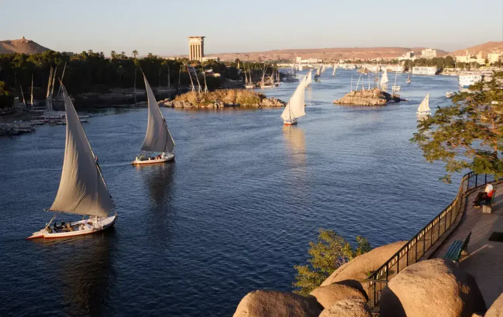 مركب فلوكة يبحر في نهر النيل عند غروب الشمس في أسوان.