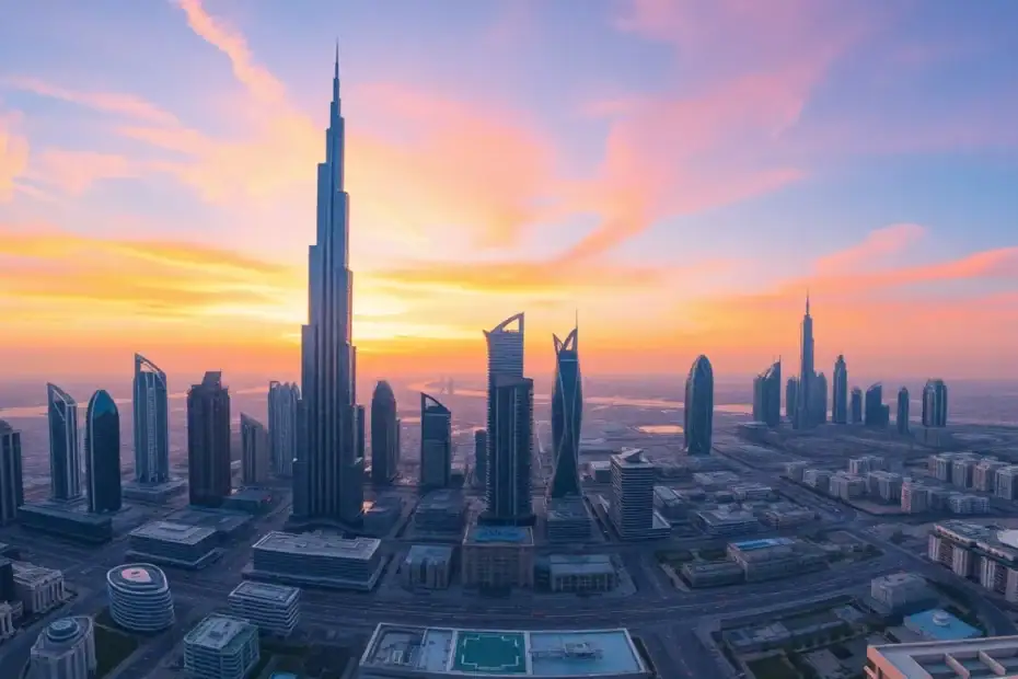أفق مدينة دبي يظهر فيه برج خليفة وناطحات سحاب حديثة