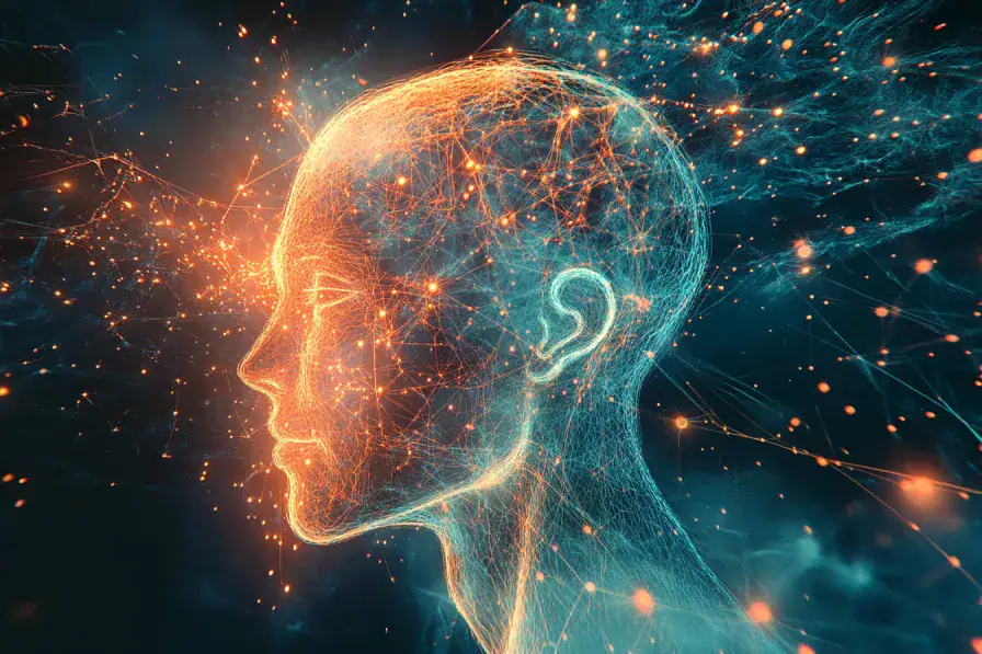 رسم تجريدي يصور دماغًا بشريًا متصلاً بشبكة رقمية، يرمز للذكاء الاصطناعي
