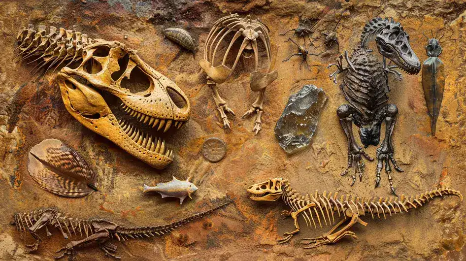 صورة مجمعة تظهر أنواعًا مختلفة من الأحافير: هيكل عظمي لديناصور، أثر قدم، وحشرة في الكهرمان