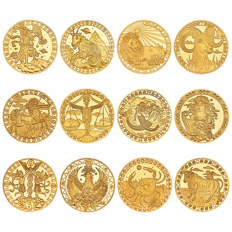 مجموعة من رموز الأبراج الفلكية مع رموز للثروة مثل العملات الذهبية