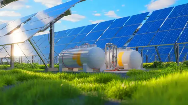 محطة لإنتاج الهيدروجين الأخضر مع ألواح شمسية في الخلفية