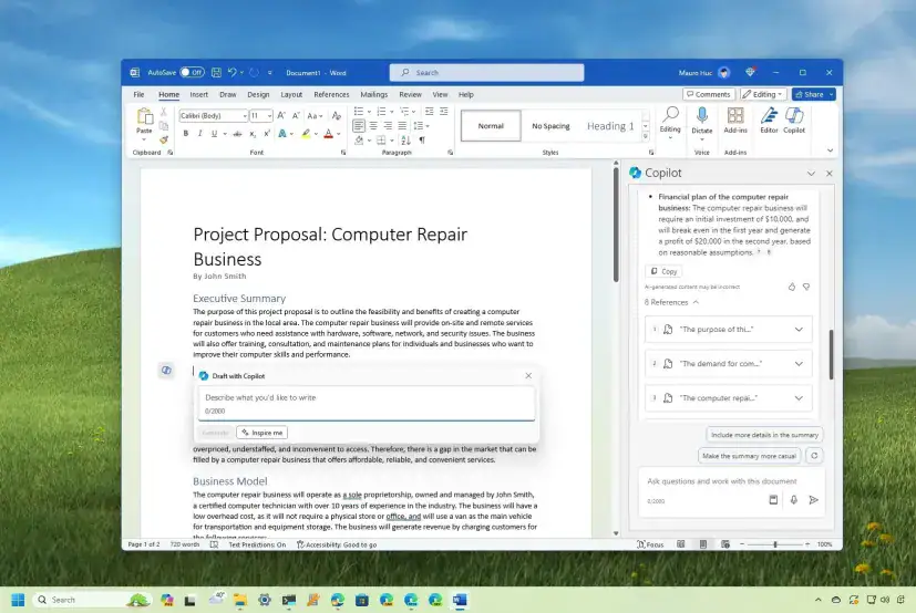 واجهة برنامج Microsoft Word تظهر نافذة Copilot الجانبية وهي تساعد في كتابة مستند