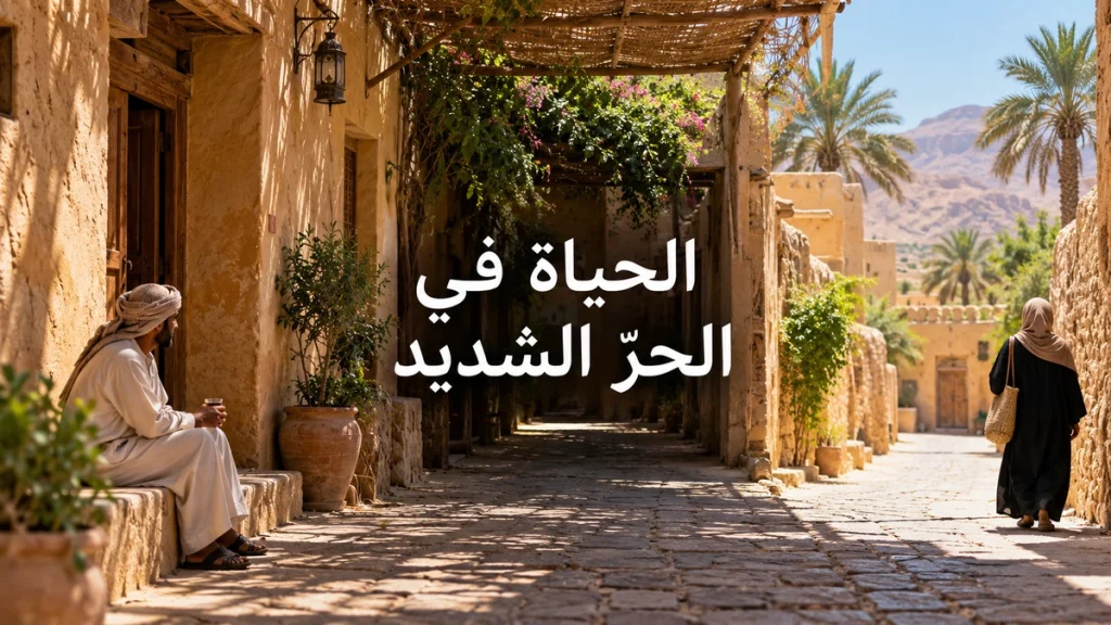 صورة توضيحية مولّدة لحي صحراوي مأهول، تُظهر الظل والمباني والسكان في الحر الشديد.