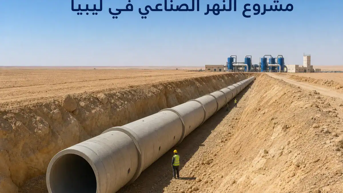خط أنابيب ضخم ينقل مياه النهر الصناعي عبر الصحراء الليبية