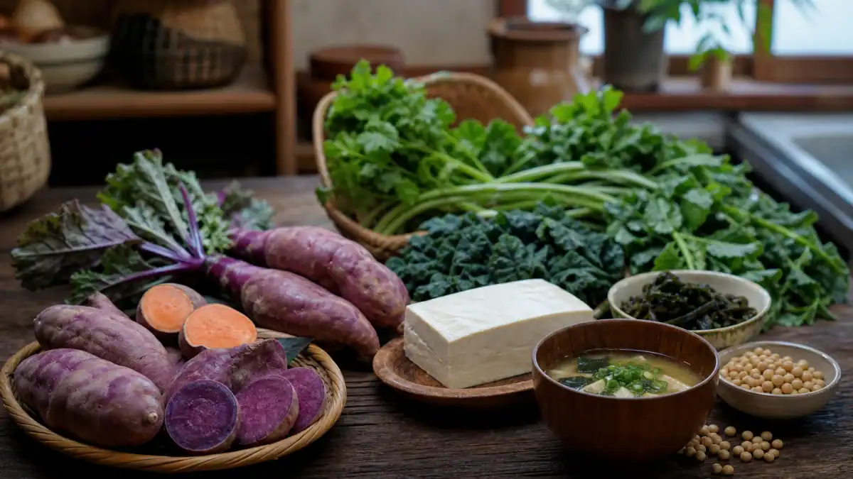 بطاطا حلوة وتوفو وخضراوات وأعشاب بحرية من مكونات المطبخ التقليدي في أوكيناوا