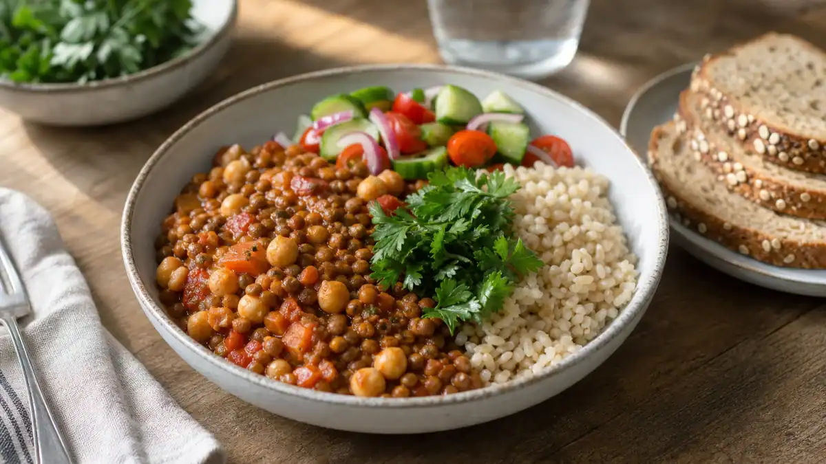 طبق من العدس والحمص إلى جانب خبز حبوب كاملة وأرز بني