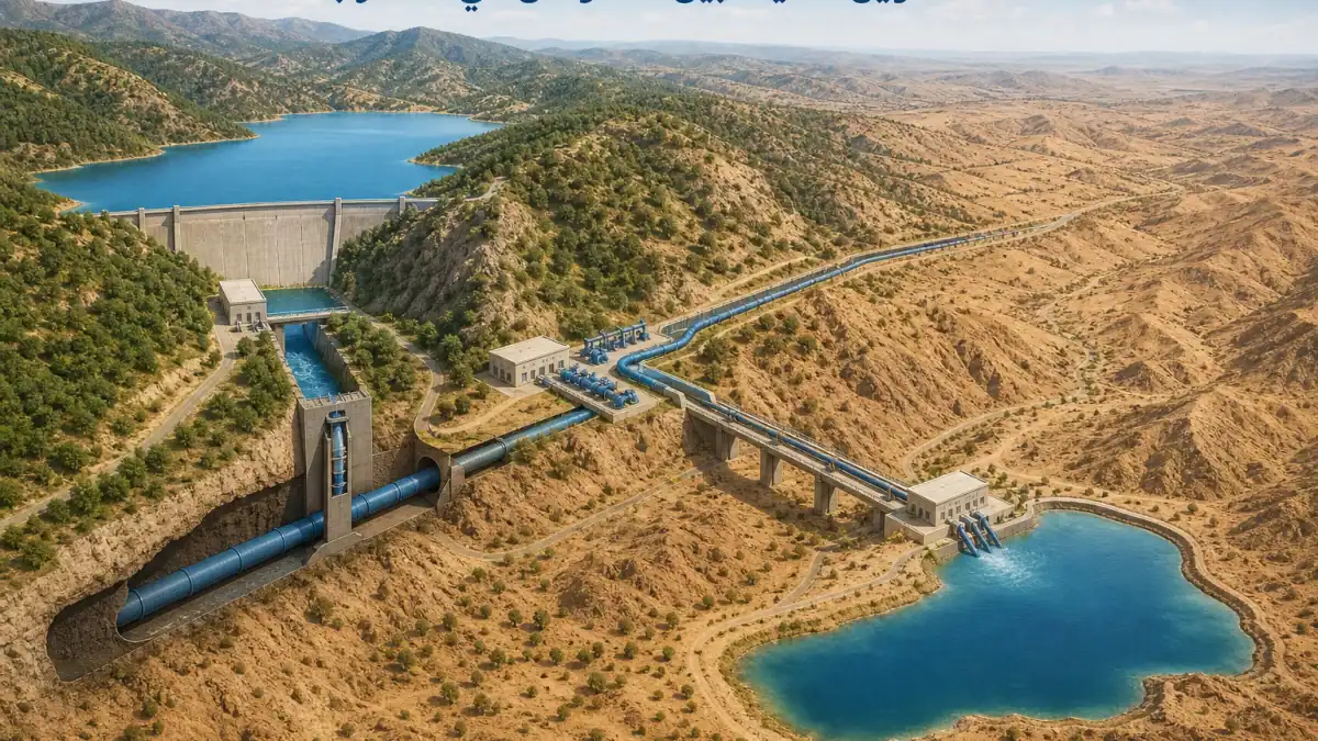 رسم توضيحي واقعي يشرح انتقال المياه عبر قنوات ومحطات ضخ بين حوضين مائيين