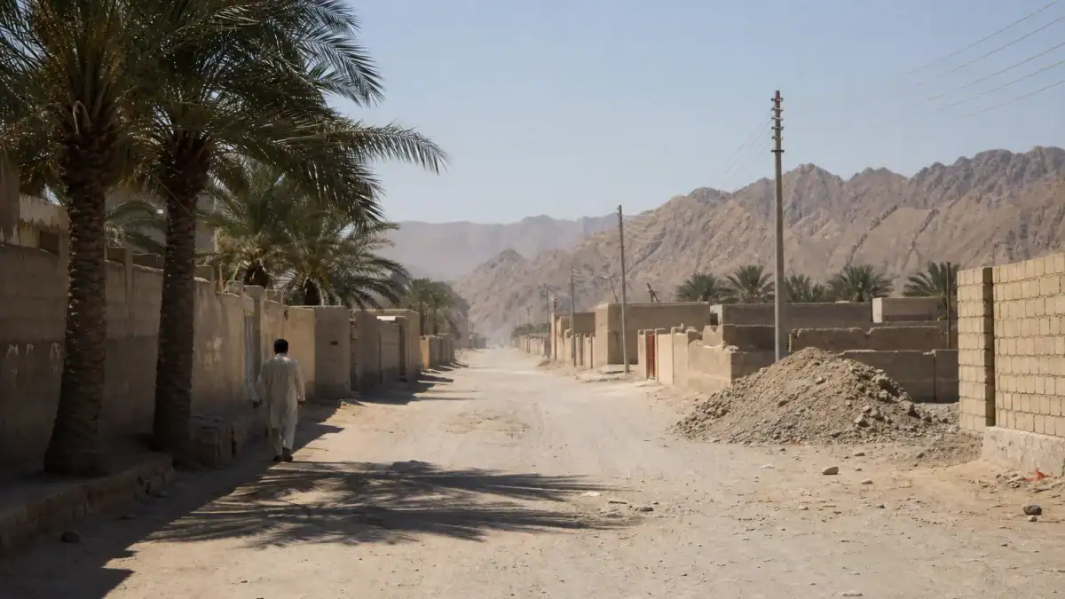 شارع سكني حار وجاف في تربت بباكستان مع نخيل وتلال بعيدة.