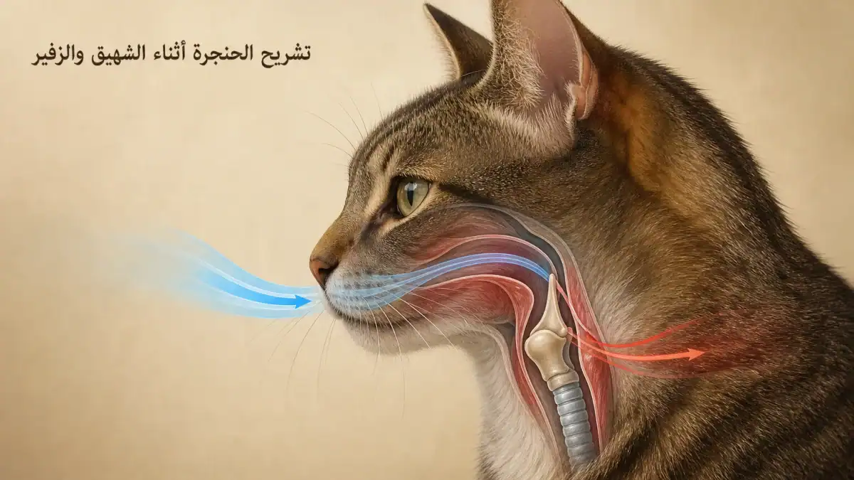رسم علمي مبسط يوضح دور الحنجرة وتدفق الهواء في خرير القطة