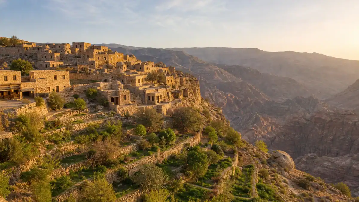 قرية دانا الأردنية على حافة الوادي بين الحدائق المدرجة والجبال
