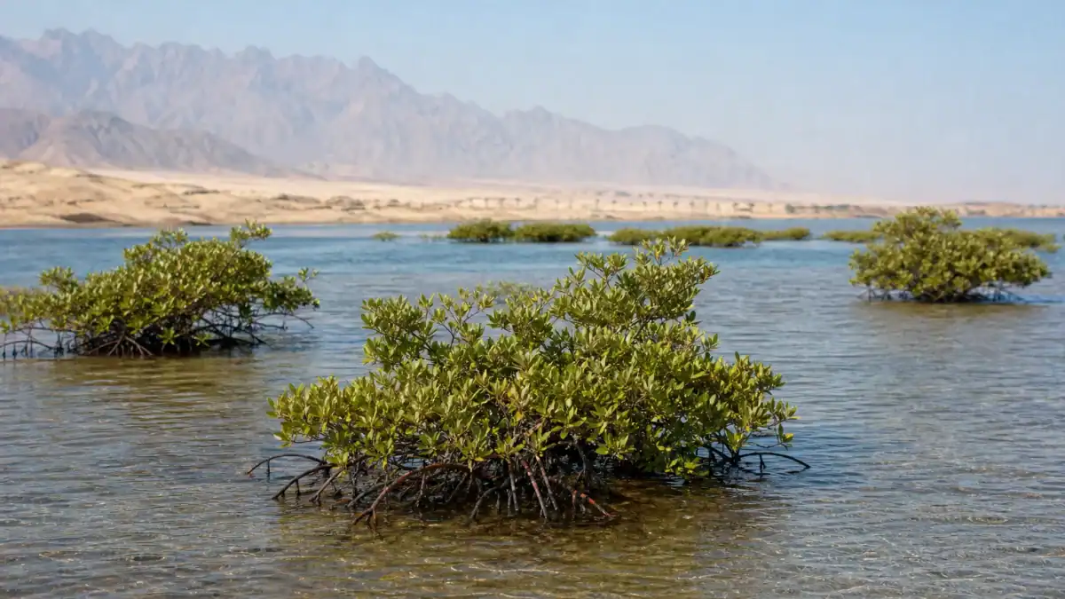 أشجار مانغروف تنمو في المياه الضحلة داخل محمية نبق في جنوب سيناء