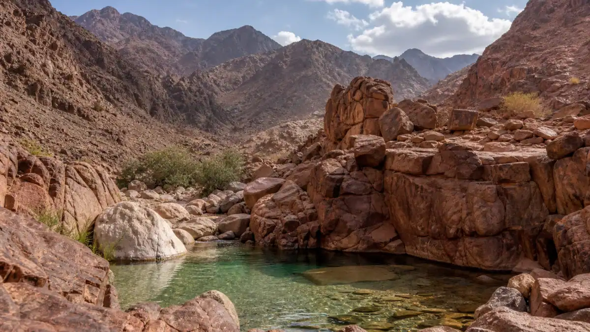 بركة مياه عذبة محاطة بصخور الغرانيت في وادي الوشواشي قرب نويبع