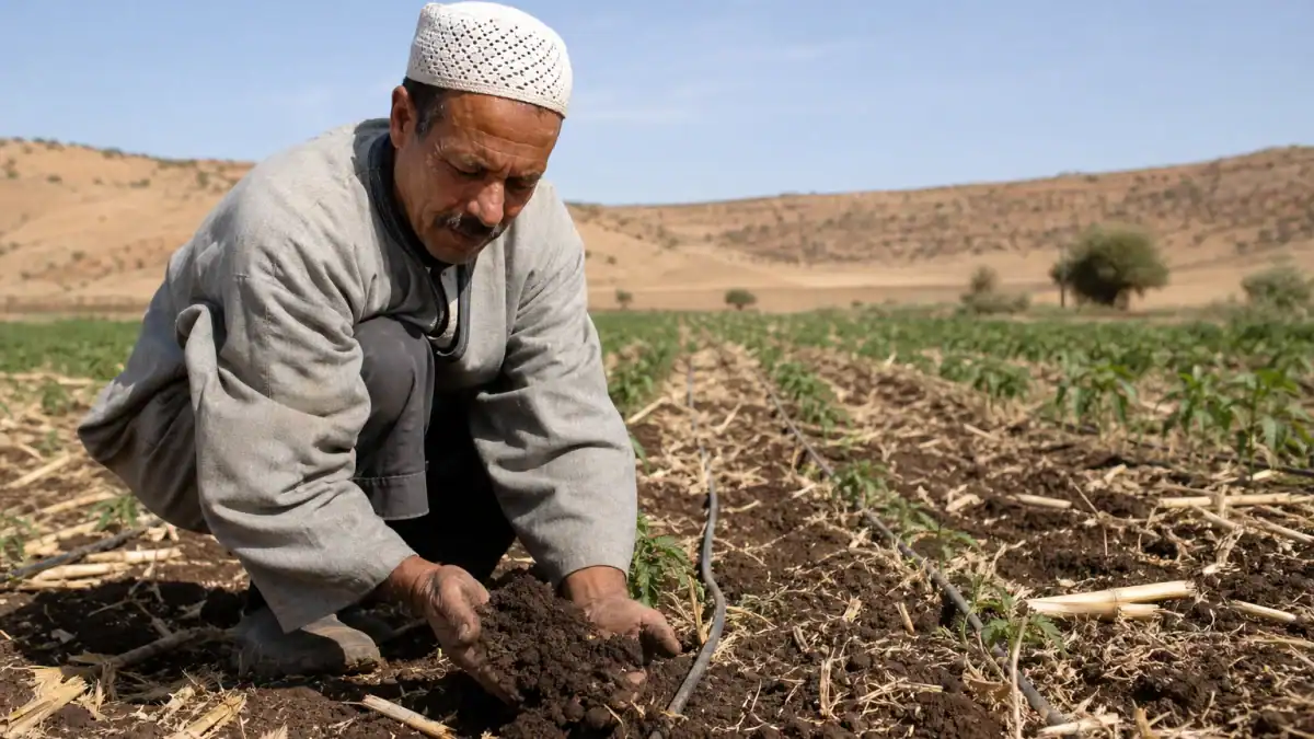 مزارع يفحص تربة محمية ببقايا نباتية وخط ري بالتنقيط في حقل مغربي