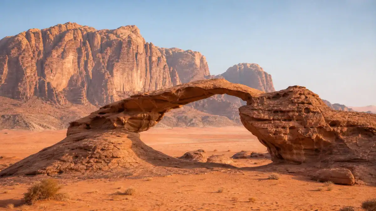 تكوينات الحجر الرملي والقوس الصخري في وادي رم بالأردن