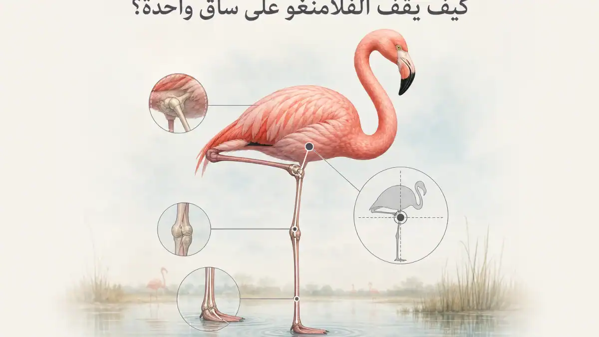 رسم يوضح توازن الفلامنغو ومفاصل ساقه أثناء الوقوف على ساق واحدة