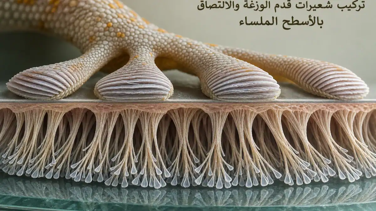 رسم علمي مكبر يوضح الشعيرات المجهرية في وسادة إصبع الوزغ