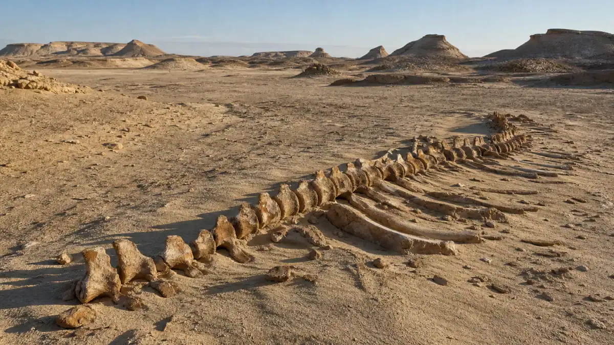 هيكل حوت متحجر ظاهر على أرض وادي الحيتان في الصحراء الغربية المصرية