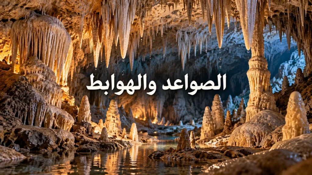 صورة توضيحية مولّدة لتكوينات الصواعد والهوابط الكلسية داخل كهف مضاء بضوء دافئ وبارد مع عنوان عربي واضح.