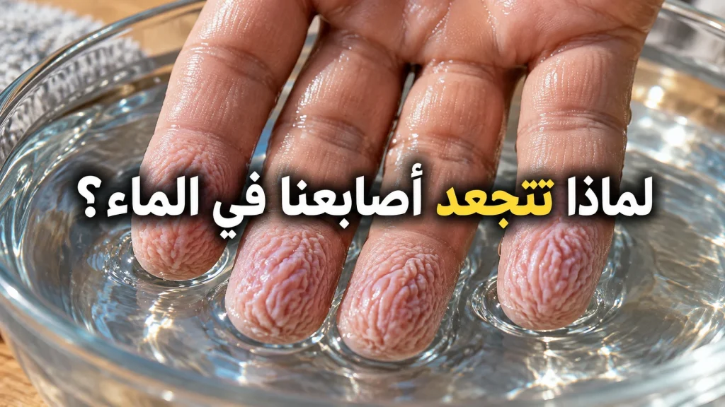 أطراف أصابع متجعدة بعد الغمر بالماء مع عنوان عربي يشرح الظاهرة