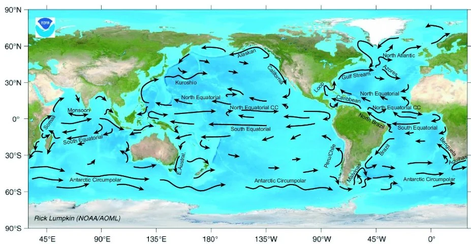 خريطة علمية من NOAA تظهر مواقع واتجاهات التيارات البحرية السطحية الكبرى حول العالم